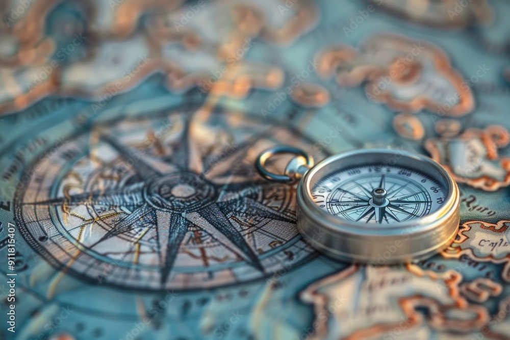 Poster a close-up view of a compass on a map, perfect for use in travel or navigation-themed projects