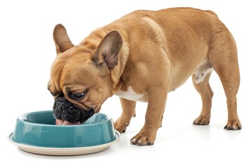 Brown french bulldog puppy dog greedily eating food from a bowl, isolated on a white background, suitable for advertising dogs food business.
