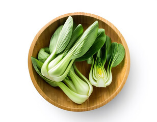 Green Bok Choy, Pok Choi or Pak Choi slices&nbsp;in wooden bowl isolated on white background