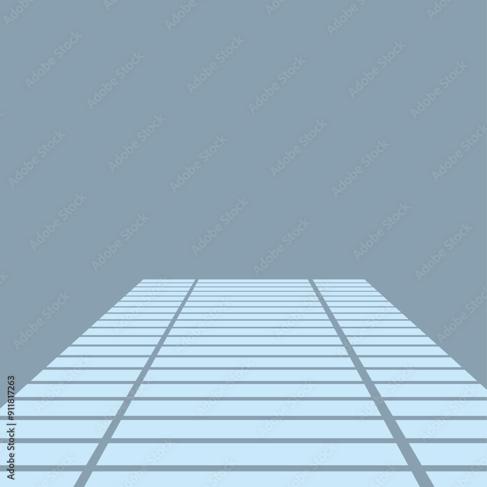 Poster illustration of an empty room with a tiled floor extending from the viewer to the back wall