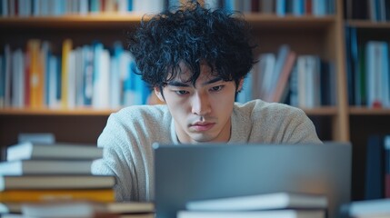 若い男性が図書館の机でパソコンを使って真剣に勉強している状況。周囲には多くの書籍が積まれている。