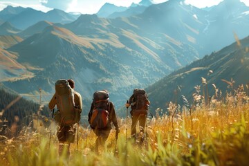 People travelers with large hiking backpacks go hiking in the mountains, group of people, nature, togetherness, camping, vacation.