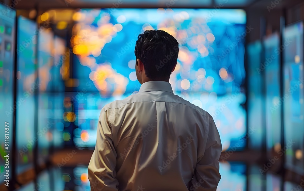 Poster businessman analyzing global data on a large screen, representing technology, data analysis, and bus