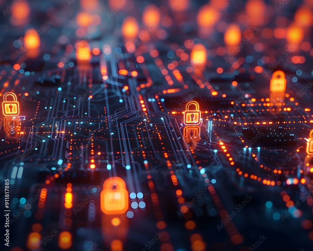 Poster circuit board with glowing padlocks representing cybersecurity technology and data protection in a d