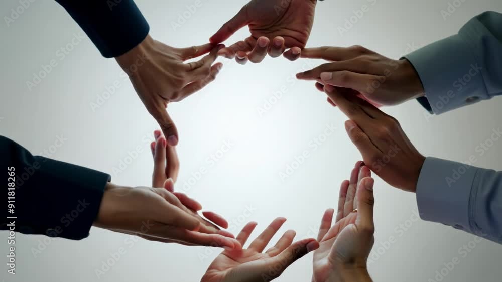 Poster team members joining hands in a circle for unity and collaboration generative ai