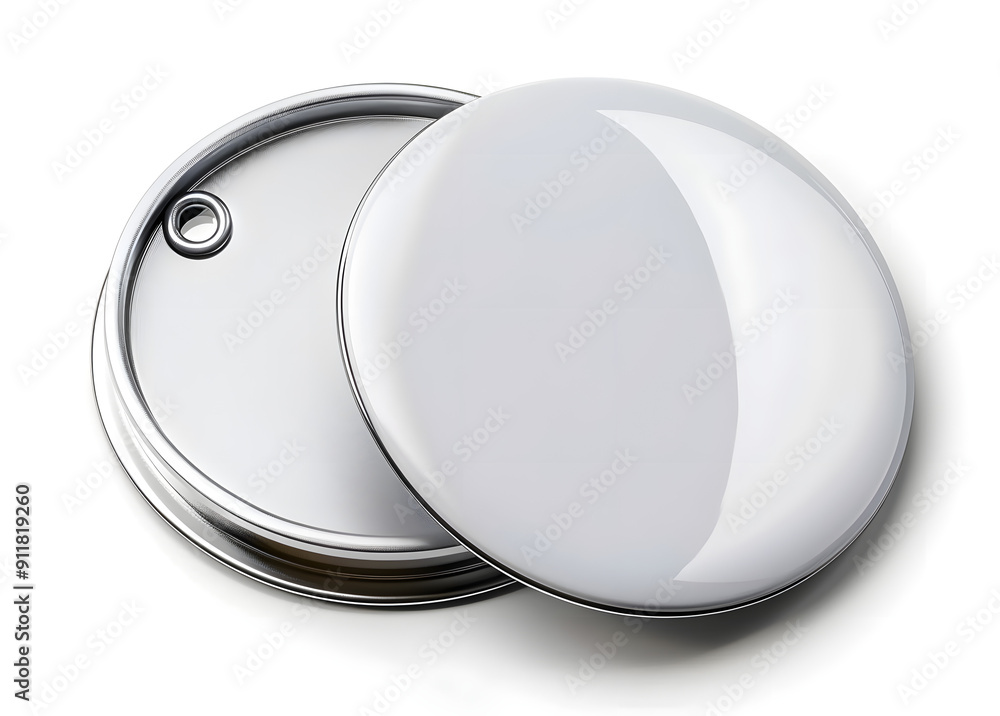 Poster isolated white circular pinback button with a blank face and metal rim on a pure white background, w