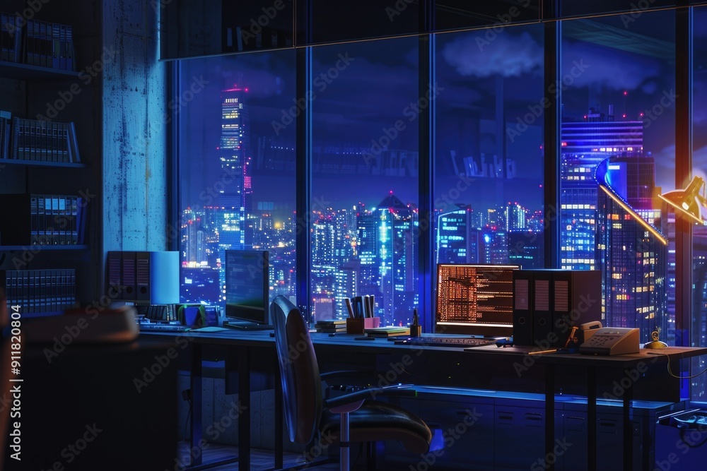 Poster desk with computer and monitor near a window, suitable for office or home workspaces