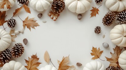 Minimal flat lay thanksgiving background with white pumpkins, brown leaves, and pine cones. generative ai
