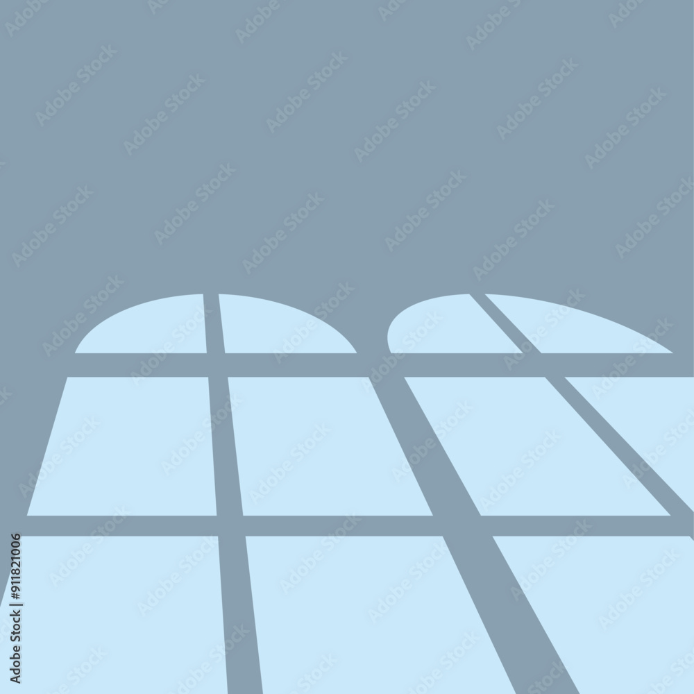 Poster sunlight is streaming through two arched windows, casting shadows on the floor
