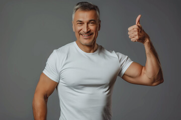 Fototapeta premium An elderly man wearing a white T-shirt with thumbs up on a gray background.