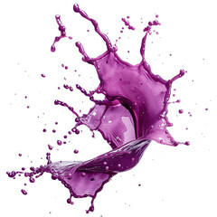 Dynamic splash of vibrant purple liquid caught mid-air, showcasing fluid motion and energetic color burst on black background.