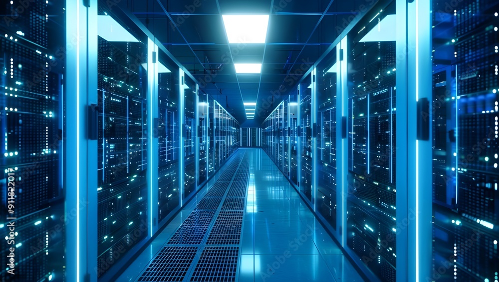 Poster high-tech data center with rows of glowing blue and white server cabinets, showcasing the advanced t