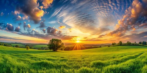 Sunset over peaceful green pastures with soft shadows, high resolution wide-angle view, Sunset