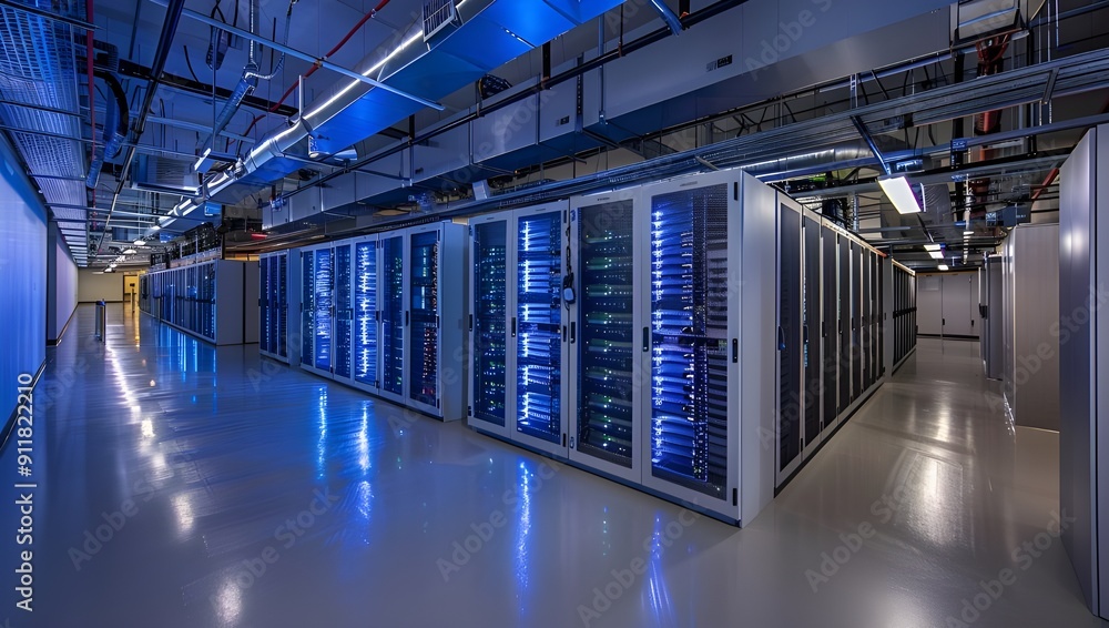 Poster a wide view of the interior space within an advanced data center, showcasing rows and columns filled