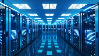 High-tech data center with rows of glowing blue and white server cabinets, showcasing the advanced technology behind cloud computing services. The room is clean and well-lit by bright LED lights.