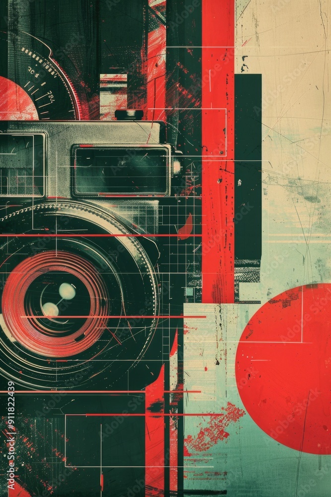 Poster a vintage camera with a distinctive red dot on the background, suitable for use in nostalgic or retr