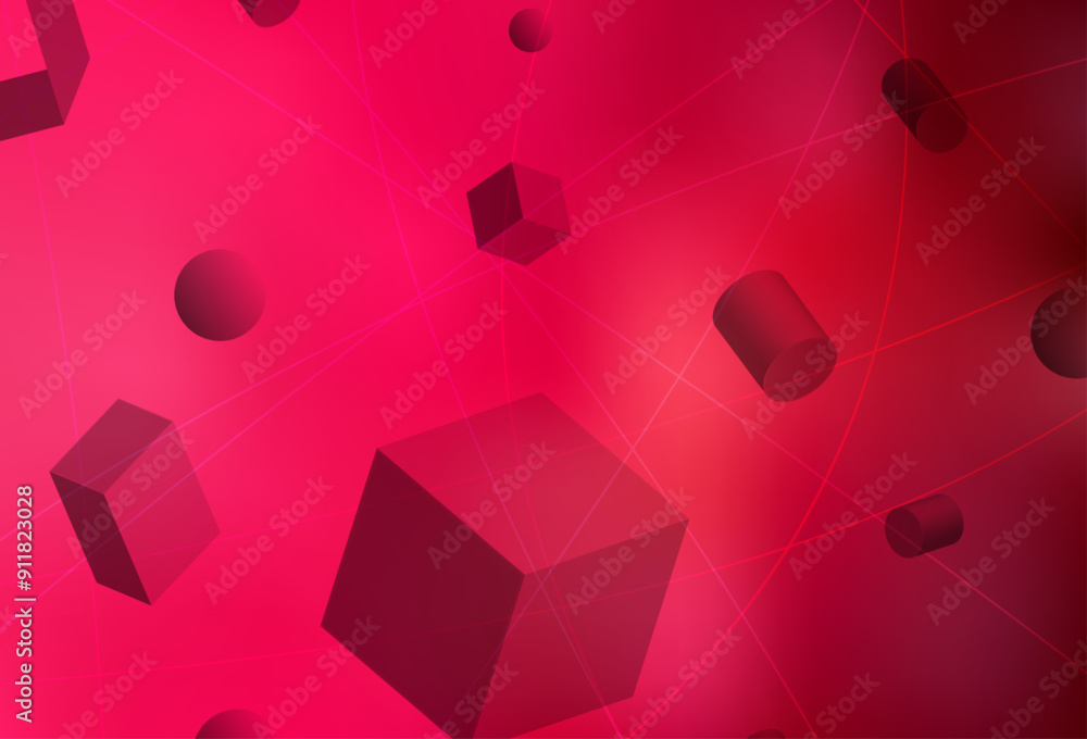 Poster light red vector pattern with 3d cubes, cylinders, spheres, rectangles.