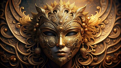 Intricate ancient gold mask with intricate patterns, backlighting, and a vignette effect , gold, ancient, mask