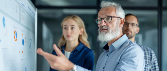 A senior executive with glasses and a beard presenting data on a large screen to two colleagues in a modern office setting.
