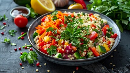 This refreshing scene captures the essence of health with fluffy quinoa grains mixed with a variety of fresh vegetables, aromatic herbs, and a zesty lemon vinaigrette