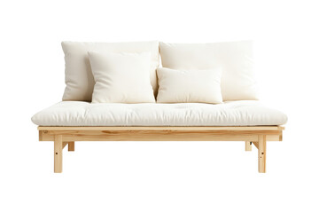 Wooden bed frame with white bedding