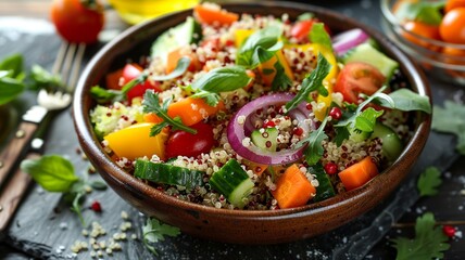 This refreshing scene captures the essence of health with fluffy quinoa grains mixed with a variety of fresh vegetables, aromatic herbs, and a zesty lemon vinaigrette