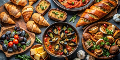 Fototapeta premium Traditional French food spread with mussel and meat dishes, ratatouille, snails, croissants, desserts, fresh pastries