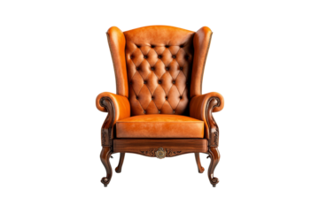 Luxury Brown Leather Armchair with Carved Wooden Legs