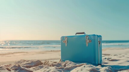 Modern blue suitcase in the sand, in front of a beach, generative ai