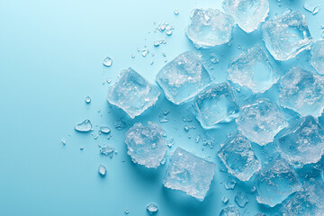 Clear ice cubes scattered against a light blue background, top view