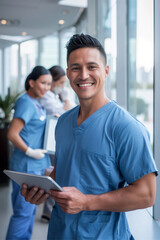 A middle-aged, bearded, middle-aged doctor, surgeon, nurse in a blue scrubs holding a tablet, smiling and with a candid look on his face.