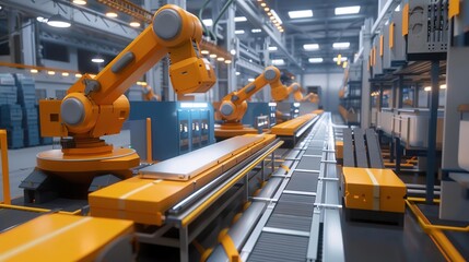 3D Illustration of an Automated Factory Assembly Line with Robotic Arms