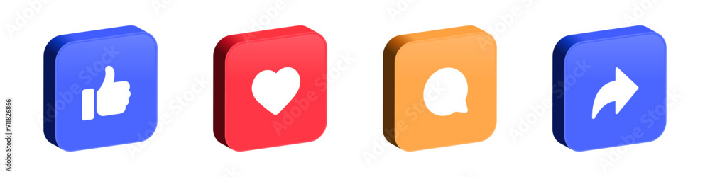 Poster 3d like, comment, share icon button. social media notification icons set in 3d modern style , heart 