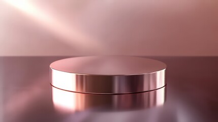 静かな背景の上に光沢のある金属製の円盤が置かれ、その周囲に微かな光が照らしています。