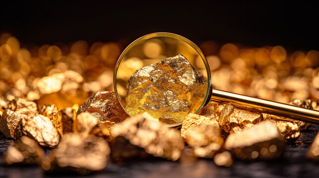 Gold nuggets under a magnifying glass. Alluvial gold mining and gold testing illustration