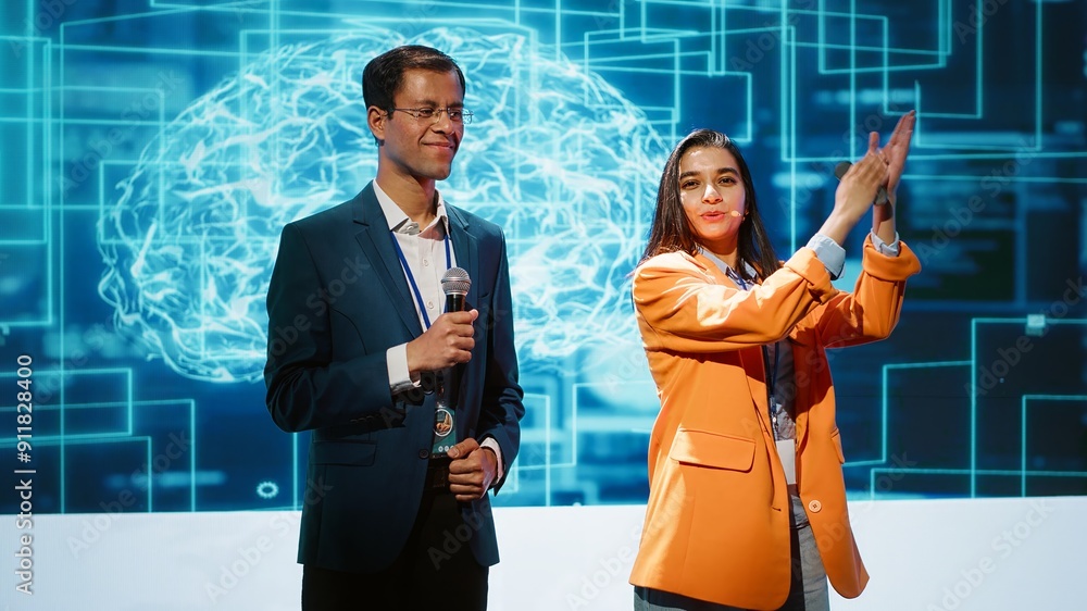 Poster tech startup managers offer latest ai services during tech summit. businesspeople using mic to do pr