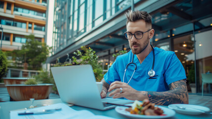 a middle-aged doctor sitting at a table with a laptop in focus, researching healthcare treatments