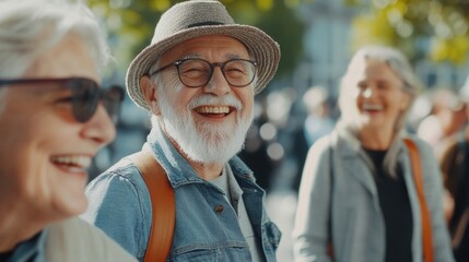 Group of seniors strolling down a city street, possibly on a social outing or enjoying the outdoors