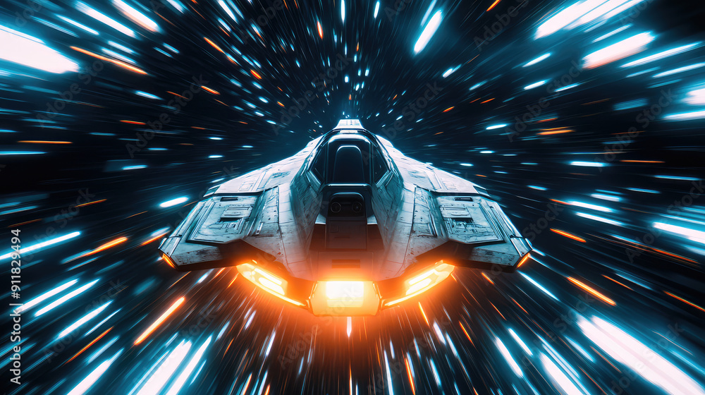 Wall mural a spaceship is speeding at light speed through a holographic galactic vortex. generative ai
