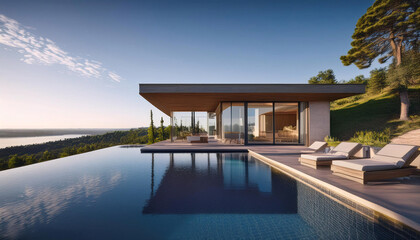 Fototapeta premium Luxurious cliffside villa with infinity pool overlooking a serene ocean