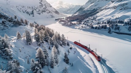 Aerial shot of Bernina Express winding through icy glacier valley, winter sun glistening terrain, red train contrasting with snow. Train passing through snow mountain
