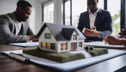 Two professionals examining house model and blueprints