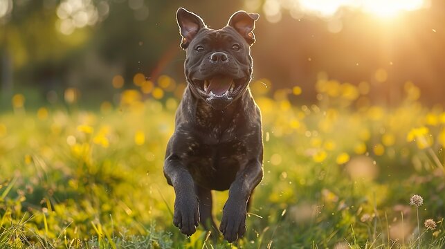 Adorable Cane Corso in a beautiful green field running picture