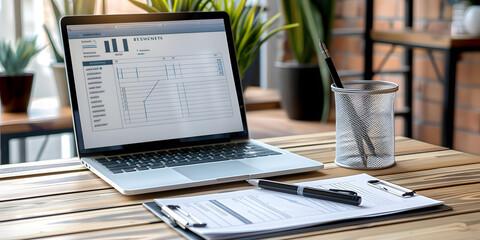 Obraz premium Business performance checklist and clipboard on wooden desk with laptop displaying online survey form, emphasizing efficient management and evaluation in a corporate setting.