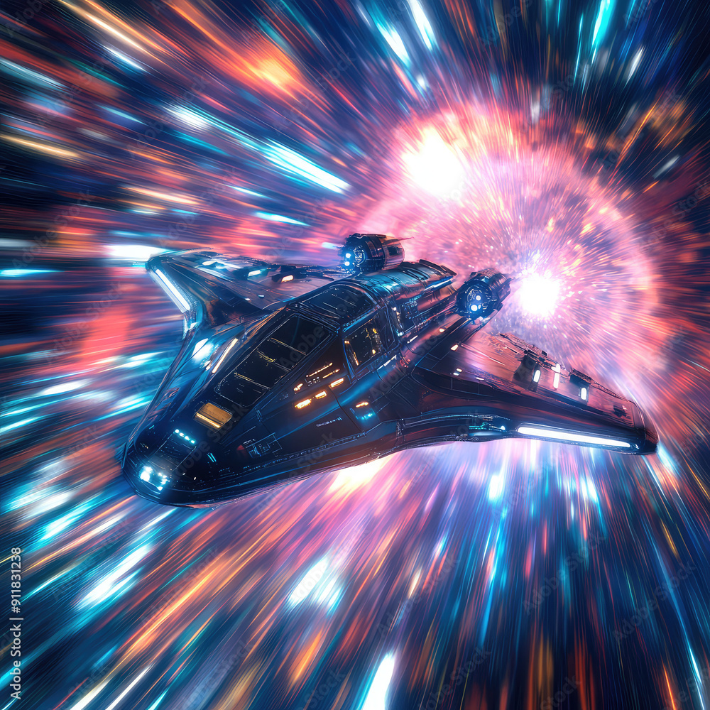 Wall mural a spaceship is speeding at light speed through a holographic galactic vortex. generative ai