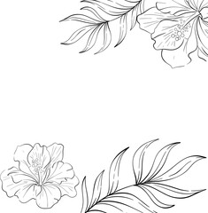 Vector template, arrangement with Hibiskus bouquet with palm leaves. Bright flower, Tropical botanic illustration. Summer exotic, elegant flora. Black silhouette for circuit © Yekaterina Kashutina