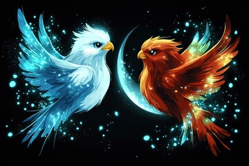 Obraz premium Two Birds in Flight with Magical Glow