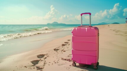 Modern pink suitcase in the sand, in front of a beach, generative ai