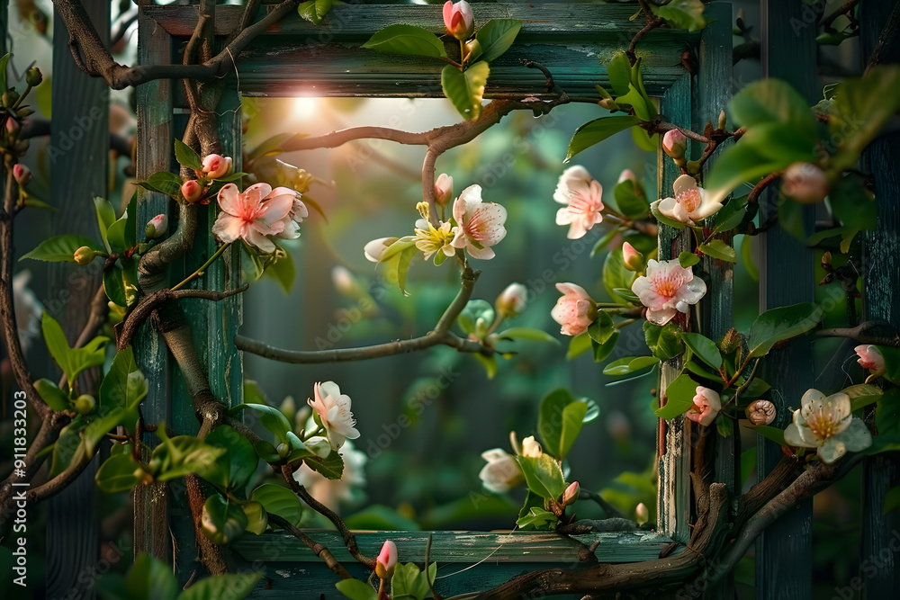 Poster softly lit spring blooms unfurl from delicate buds in a distressed frame surrounded by lush greenery