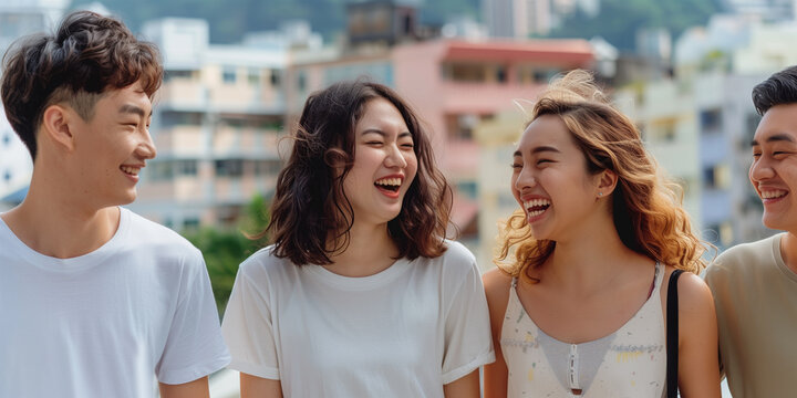 A group of young Asian men in white shirts walking through a city smiling and enjoying their trip together.